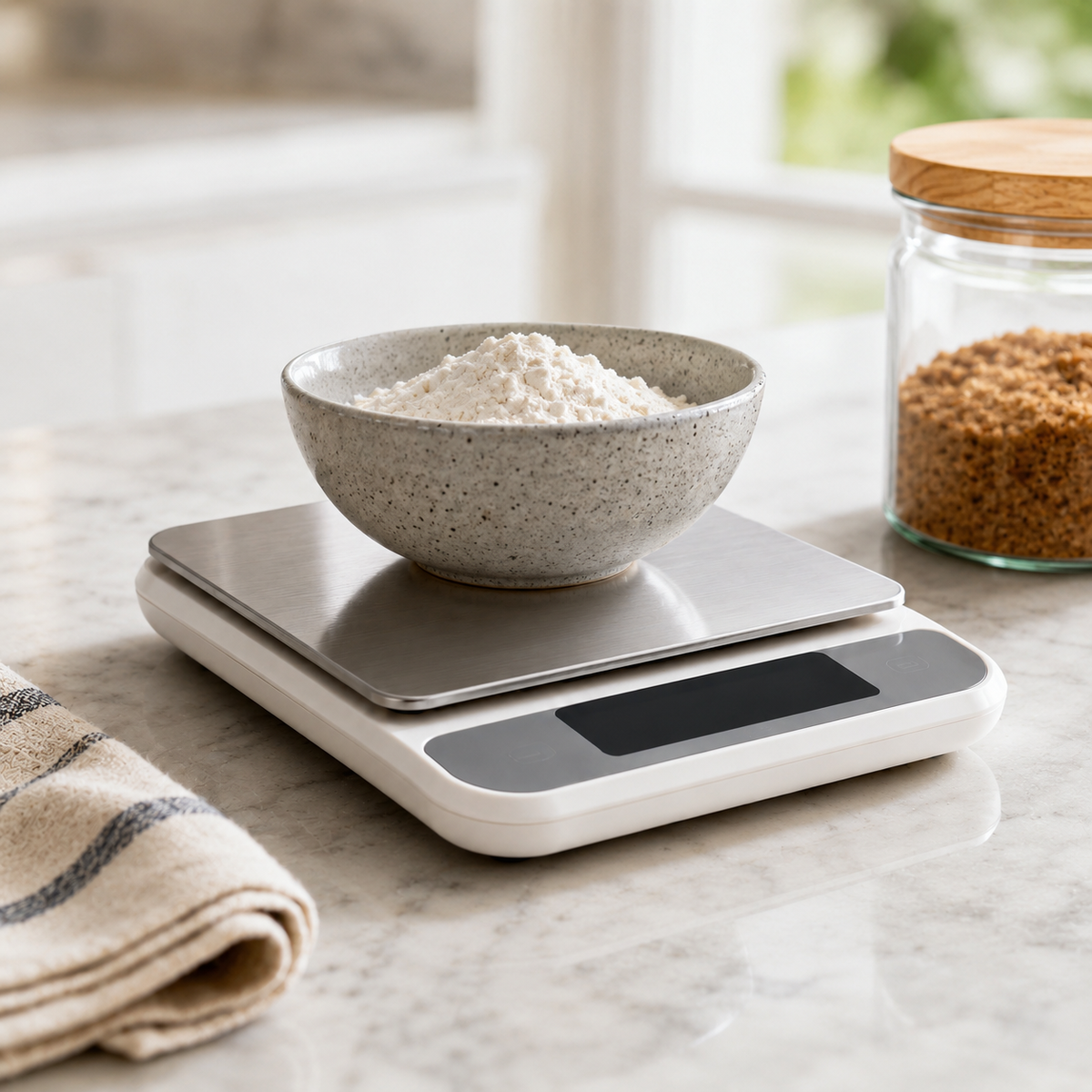 Digital kitchen scale with a bowl of flour on a marble countertop