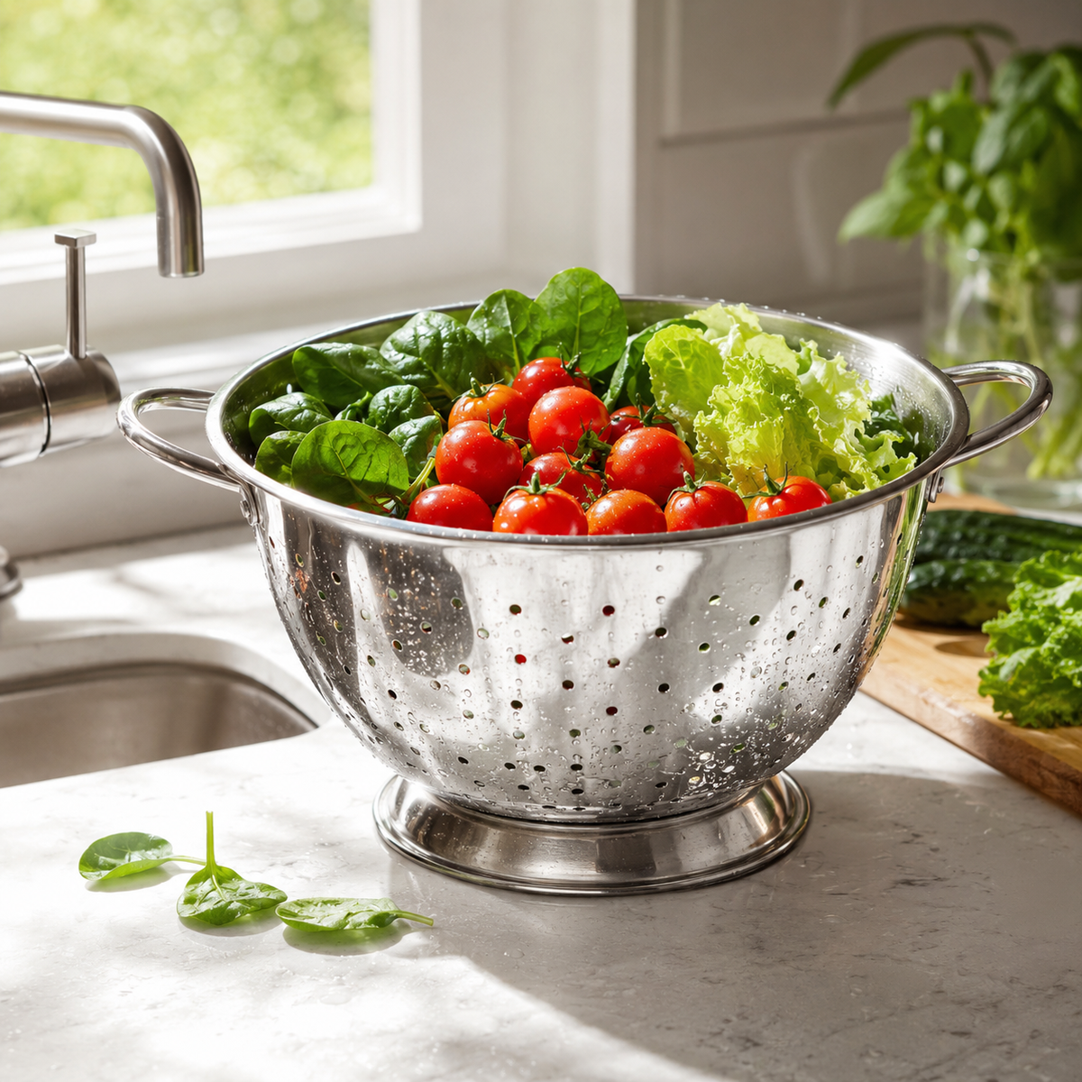 Metal colander with vegetables on a kitchen counter