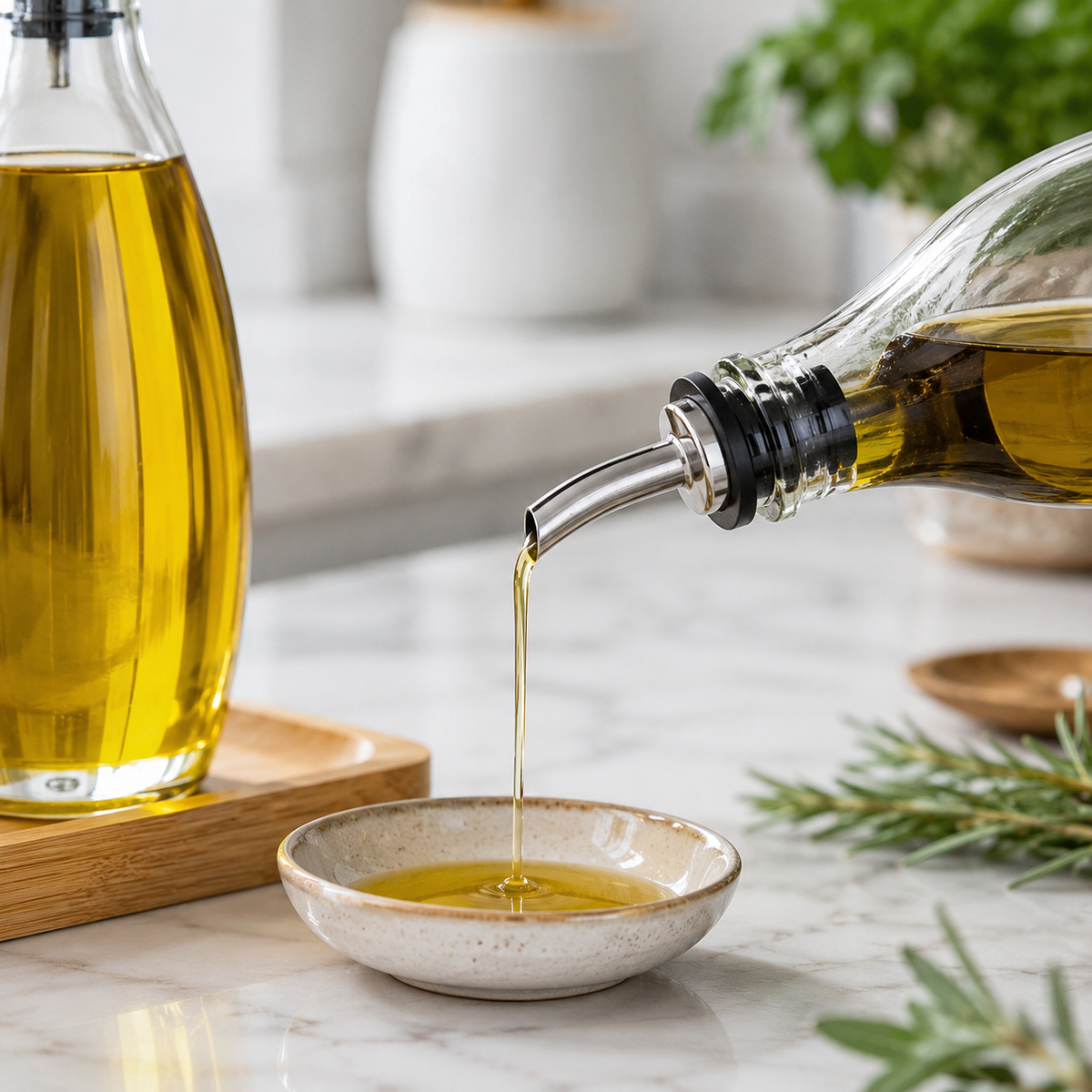 Olive oil being poured from a bottle into a small dish on a marble surface.