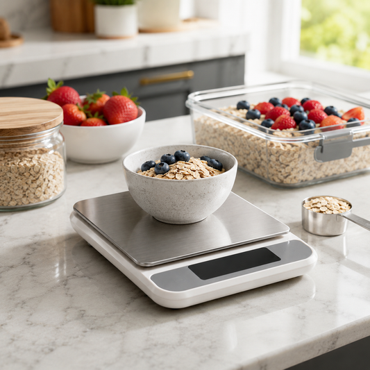 Kitchen scale on a marble countertop with bowls of fruit and oats.