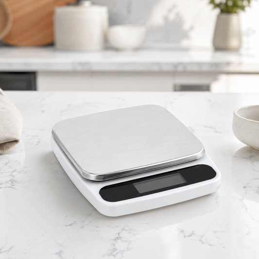 Digital kitchen scale on a marble countertop with a blurred kitchen background