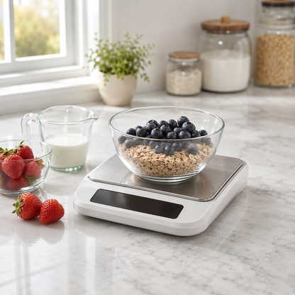 Kitchen scale with a bowl of blueberries and oats on a marble countertop.