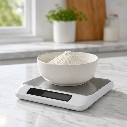 Kitchen scale with a bowl of flour on a marble countertop