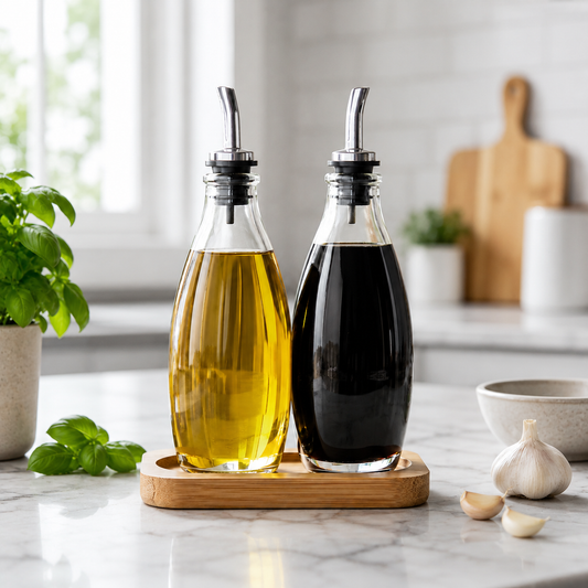Two glass bottles with oils on a marble countertop in a kitchen setting.