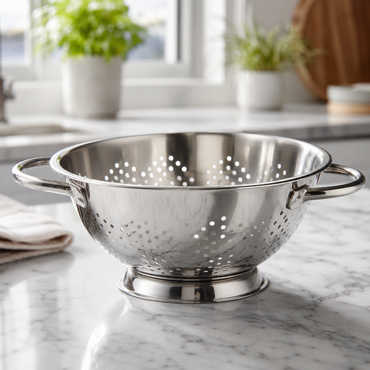 Stainless steel colander on a marble countertop with a kitchen background